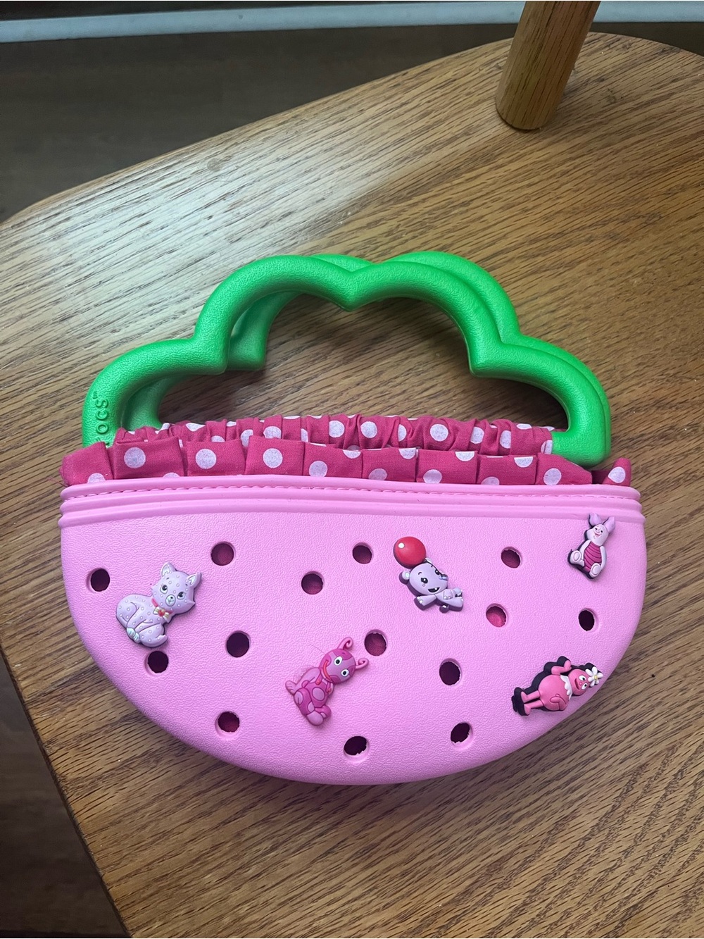Kids Pink Crocs Polka Dot Handbag with Green Handle
